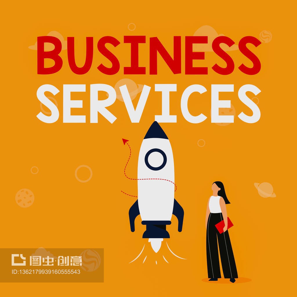 靈感顯示標志商務(wù)服務(wù)。概念含義提供無形產(chǎn)品簿記信息技術(shù)會計插圖休閑女孩站在火箭船旁邊準備發(fā)射